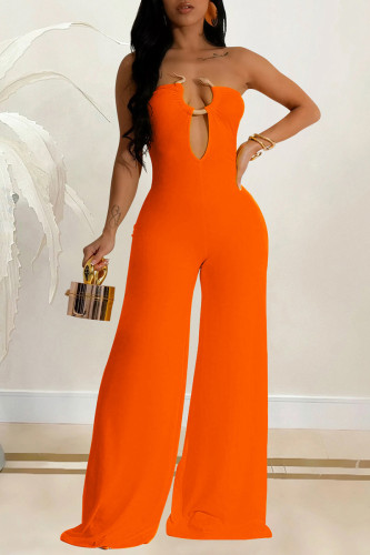 Orange Elegant Solid Hollowed Out Patchwork Strapless Regular Jumpsuits