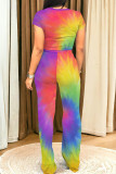 Multicolor Casual Gradient Ombre Print Patchwork Pocket O Neck Short Sleeve Two Pieces Crop Tops And Pants Sets
