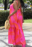 Rose Red Sexy Print Patchwork Backless Fold Spaghetti Strap Sling Dresses