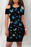 White Blue Red Elegant Butterfly Print Hollowed Out Patchwork O Neck Wrapped Skirt Dresses