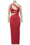 Light Coffee Elegant Solid Hollowed Out Patchwork Backless Asymmetrical Collar Long Dresses
