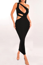Black Elegant Solid Hollowed Out Patchwork Backless Asymmetrical Collar Long Dresses