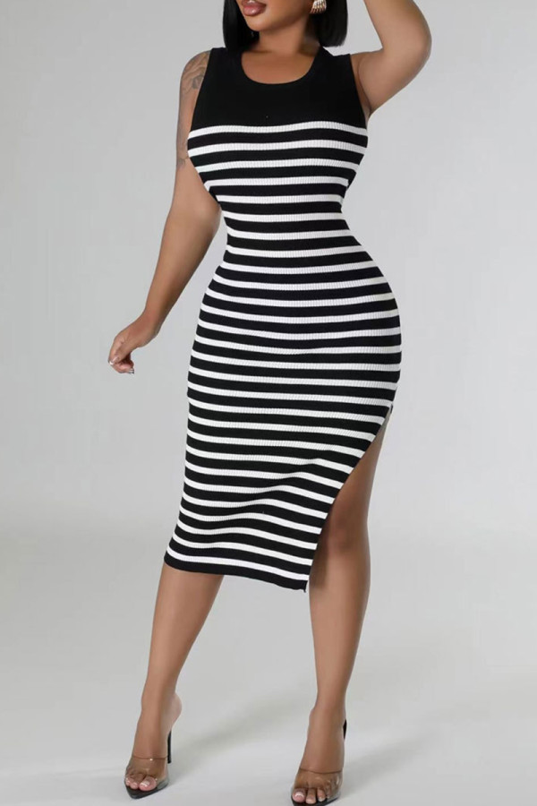 Black Casual Striped Patchwork Slit O Neck Sleeveless Dresses