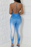 Blue Street Print Hollowed Out Patchwork Draw String U Neck Skinny Jumpsuits