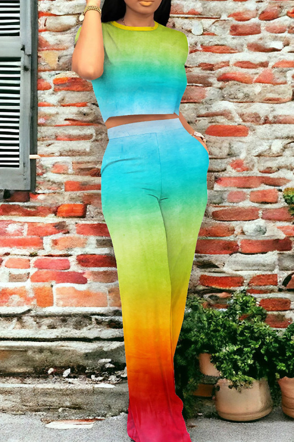 Green Red Casual Gradient Ombre Print Patchwork Pocket O Neck Short Sleeve Two Pieces Crop Tops And Pants Sets