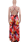 Red Elegant Print Patchwork Backless High Opening Spaghetti Strap Sling Dresses