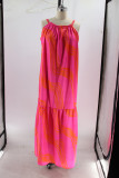 Rose Red Sexy Print Patchwork Backless Fold Spaghetti Strap Sling Dresses