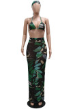 Apricot Casual Print Bandage Patchwork Backless Halter Sleeveless Three Pieces(With A Hat)
