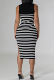 Black Casual Striped Patchwork Slit O Neck Sleeveless Dresses