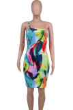 Multicolor Casual Print Patchwork Backless Spaghetti Strap Sling Dresses