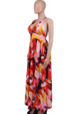 Red Elegant Print Patchwork Backless High Opening Spaghetti Strap Sling Dresses