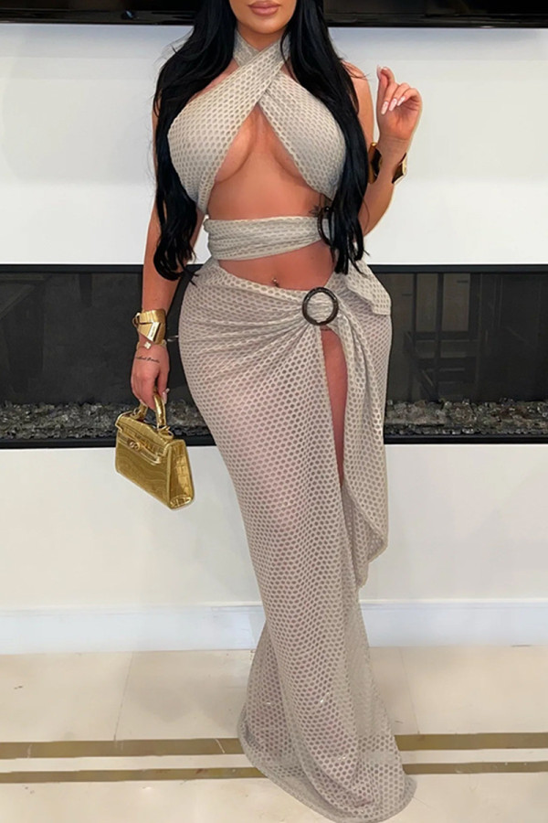 Grey Sexy Solid Hollowed Out Patchwork See-through High Opening Fold Halter Long Dresses