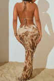 Apricot Casual Print Bandage Patchwork Backless Halter Sleeveless Three Pieces(With A Hat)