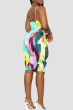 Multicolor Casual Print Patchwork Backless Spaghetti Strap Sling Dresses