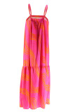 Rose Red Sexy Print Patchwork Backless Fold Spaghetti Strap Sling Dresses
