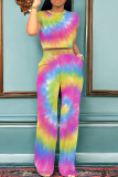 Rainbow Color Casual Gradient Ombre Print Patchwork Pocket O Neck Short Sleeve Two Pieces Crop Tops And Pants Sets