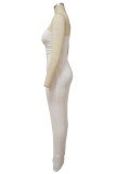 Light Coffee Elegant Solid Hollowed Out Patchwork Backless Asymmetrical Collar Long Dresses