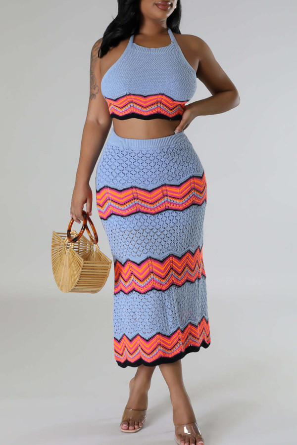 Blue Sweet Striped Bandage Hollowed Out Patchwork Backless Halter Sleeveless Two Pieces