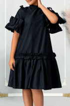 Black Elegant Solid Patchwork Stringy Selvedge Mandarin Collar A Line Dresses