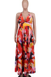 Red Elegant Print Patchwork Backless High Opening Spaghetti Strap Sling Dresses