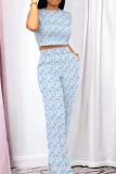 Light Blue Casual Print Patchwork O Neck Short Sleeve Two Pieces
