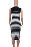 Black Casual Striped Patchwork Slit O Neck Sleeveless Dresses