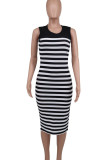 Black Casual Striped Patchwork Slit O Neck Sleeveless Dresses