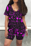 Black Casual Print Patchwork O Neck Short Sleeve Two Pieces