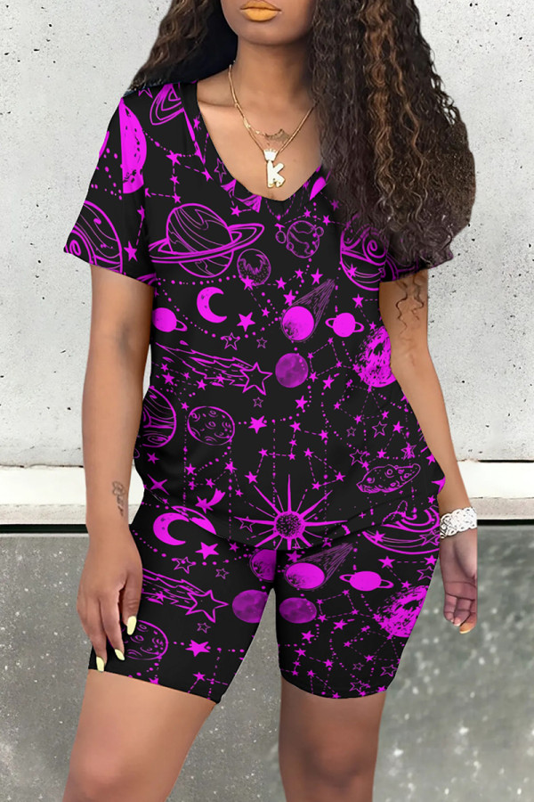 Black Casual Print Patchwork O Neck Short Sleeve Two Pieces