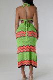 Blue Sweet Striped Bandage Hollowed Out Patchwork Backless Halter Sleeveless Two Pieces