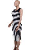 Black Casual Striped Patchwork Slit O Neck Sleeveless Dresses