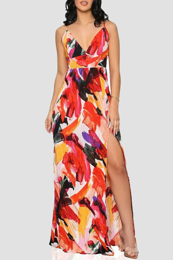 Red Elegant Print Patchwork Backless High Opening Spaghetti Strap Sling Dresses