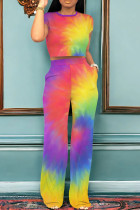 Rainbow Color Casual Gradient Ombre Print Patchwork Pocket O Neck Short Sleeve Two Pieces Crop Tops And Pants Sets