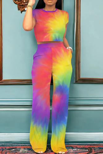 Цвет радуги Повседневный Градиент Лоскутное шитье Карман О-образным вырезом С короткими рукавами Из двух частей
