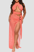 Roze sexy effen uitgeholde patchwork doorzichtige hoge opening vouw halter lange jurken