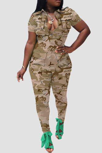 Khaki Street Camouflage Print Patchwork Pocket Zipper Zipper Collar Skinny Jumpsuits