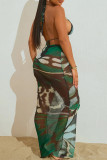 Apricot Casual Print Bandage Patchwork Backless Halter Sleeveless Three Pieces(With A Hat)