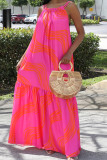 Rose Red Sexy Print Patchwork Backless Fold Spaghetti Strap Sling Dresses