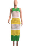 Green Elegant Color Block Hollowed Out Patchwork Slit O Neck Long Dresses