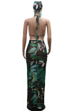 Apricot Casual Print Bandage Patchwork Backless Halter Sleeveless Three Pieces(With A Hat)