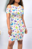 White Blue Red Elegant Butterfly Print Hollowed Out Patchwork O Neck Wrapped Skirt Dresses