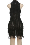 Black Sexy Solid Hollowed Out Patchwork O Neck Wrapped Skirt Dresses