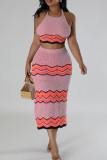 Blue Sweet Striped Bandage Hollowed Out Patchwork Backless Halter Sleeveless Two Pieces