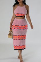 Pink Sweet Striped Bandage Hollowed Out Patchwork Backless Halter Sleeveless Two Pieces