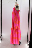 Rose Red Sexy Print Patchwork Backless Fold Spaghetti Strap Sling Dresses
