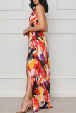 Red Elegant Print Patchwork Backless High Opening Spaghetti Strap Sling Dresses