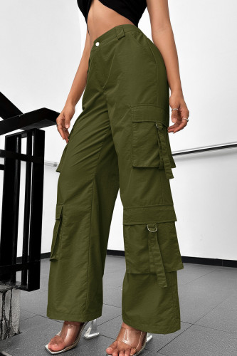 Army Green Sexy Solid Patchwork Pocket Buttons Zipper Loose High Waist Wide Leg Patchwork Bottoms
