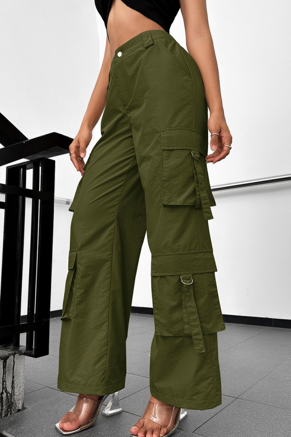 Army Green Zipper High Waist Pocket Buttons  Loose Wide Leg Cargo Pants