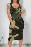Army Green Casual Camouflage Print U Neck Printed Dresses