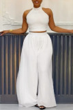 White Casual Street Daily Elegant Simplicity Solid Color Halter Sleeveless Two Pieces Tank Crop Tops And Wide Leg Pant Sets